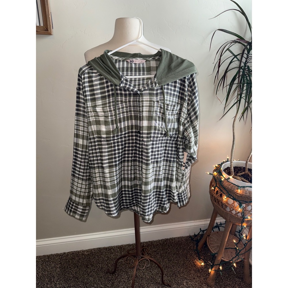 SO Womens Plaid Hooded Shirt Jacket Olive‎ Green White XL